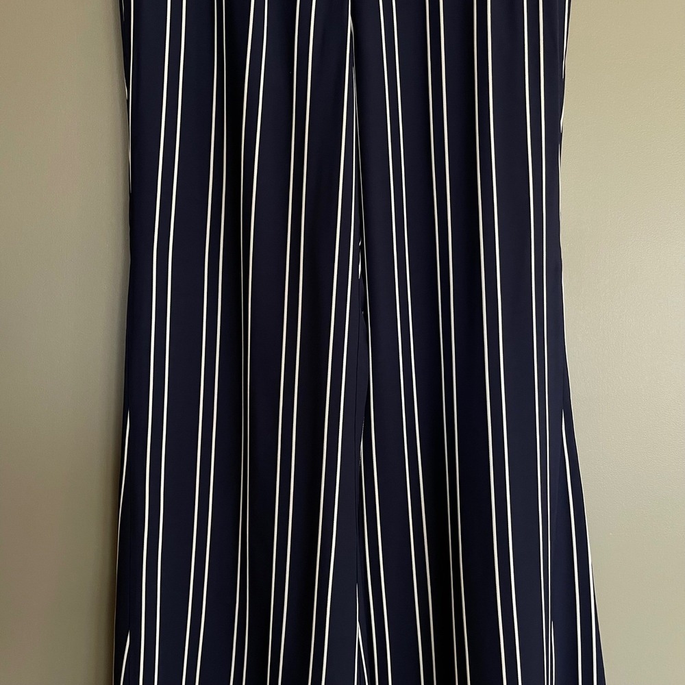 La Ligne Hardy Striped Crepe Flared Pants Navy Blue White High Waist Sz 2 Flowy - Picture 9 of 16